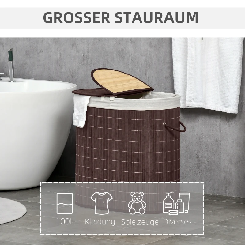 HOMCOM Wäschekorb Wäschesammler, 100L Fassungsvermögen, abnehmbarer Deckel, 38 cm x 38 cm x 57 cm, Braun