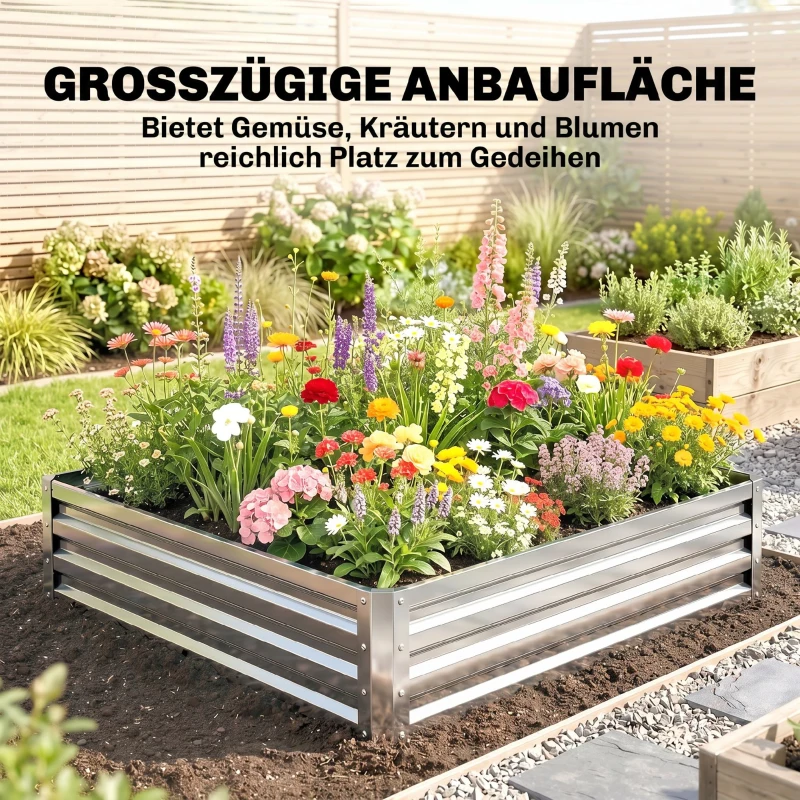 Outsunny Gartenbeet, Pflanzkasten mit Stahlgehäuse, Silber, 120 x 120 x 30 cm