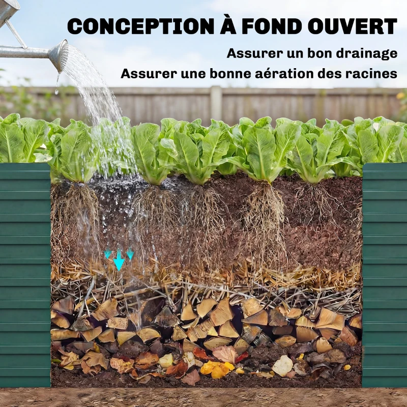 Outsunny Jardinière surélevée galvanisée rectangulaire pour l'extérieur - fond ouvert - 160 x 80 x 60 cm, vert