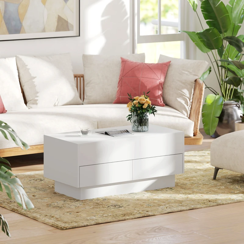 HOMCOM Table basse relevable, table de salon avec compartiment caché et 2 tiroirs, 100 x 50 x 44 cm, blanc