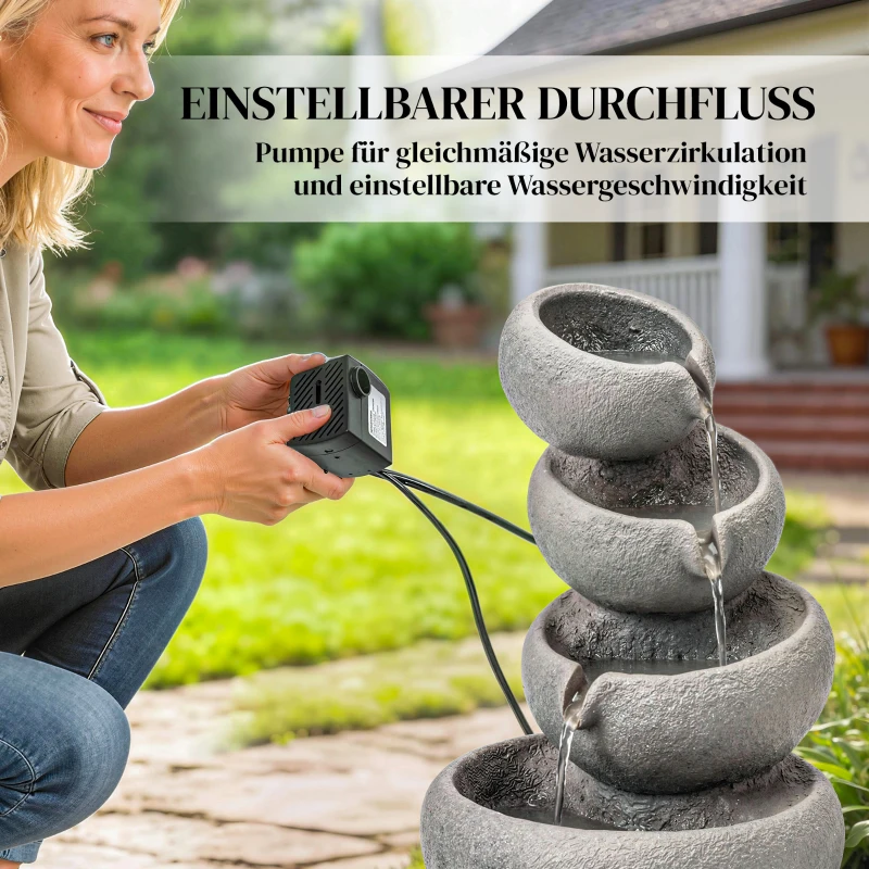 Outsunny Springbrunnen Outdoor aus Kunstharz 4-stufig Gartenbrunnen mit LED Beleuchtung Pumpe Steinoptik 35 x 32 x 50 cm