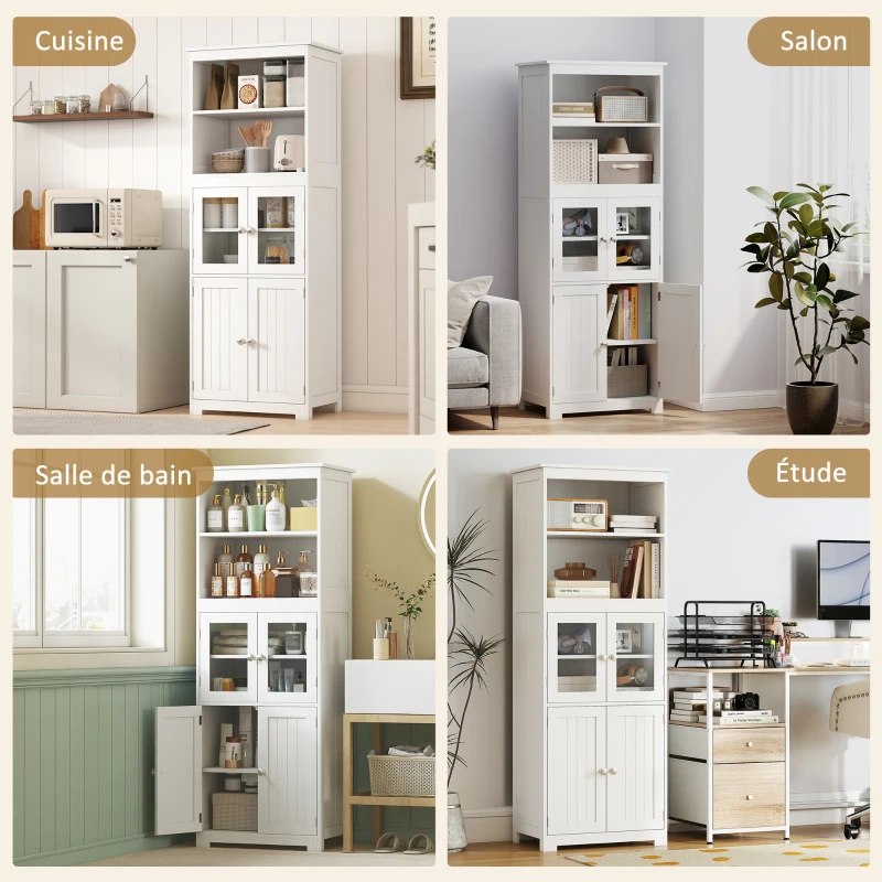 HOMCOM Armoire de cuisine buffet cuisine vaisselier meuble de rangement avec 2 niches, 2 placards avec 4 portes dont 2 portes vitrées, étagère réglable - dim. 60I x 30P x 162H cm blanc(m-8)