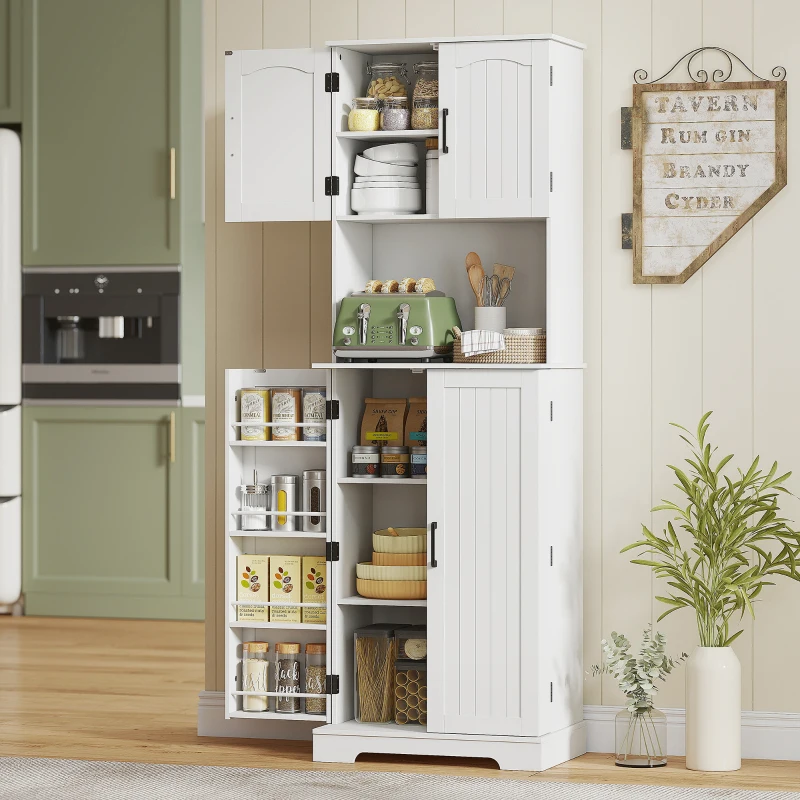 HOMCOM Buffet haut cuisine armoire de cuisine, 4 portes plan de travail 8 porte-épices étagères réglables 60x40x181,5cm blanc(m-2)