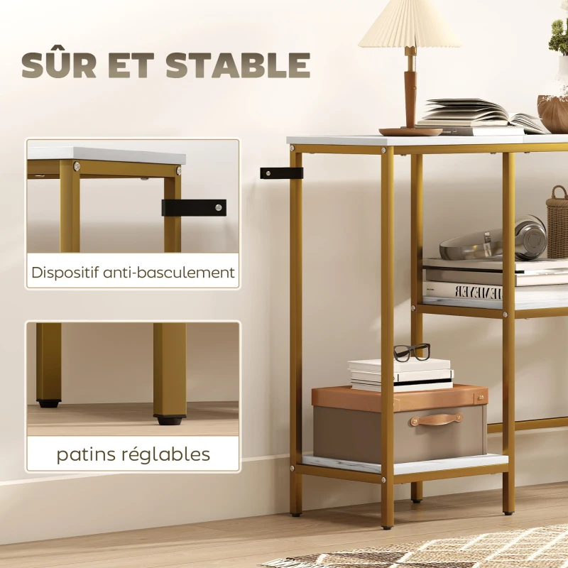 HOMCOM Console meuble 120 cm, table console 3 niveaux avec étagères de rangement, plateaux imitation marbre, blanc et doré