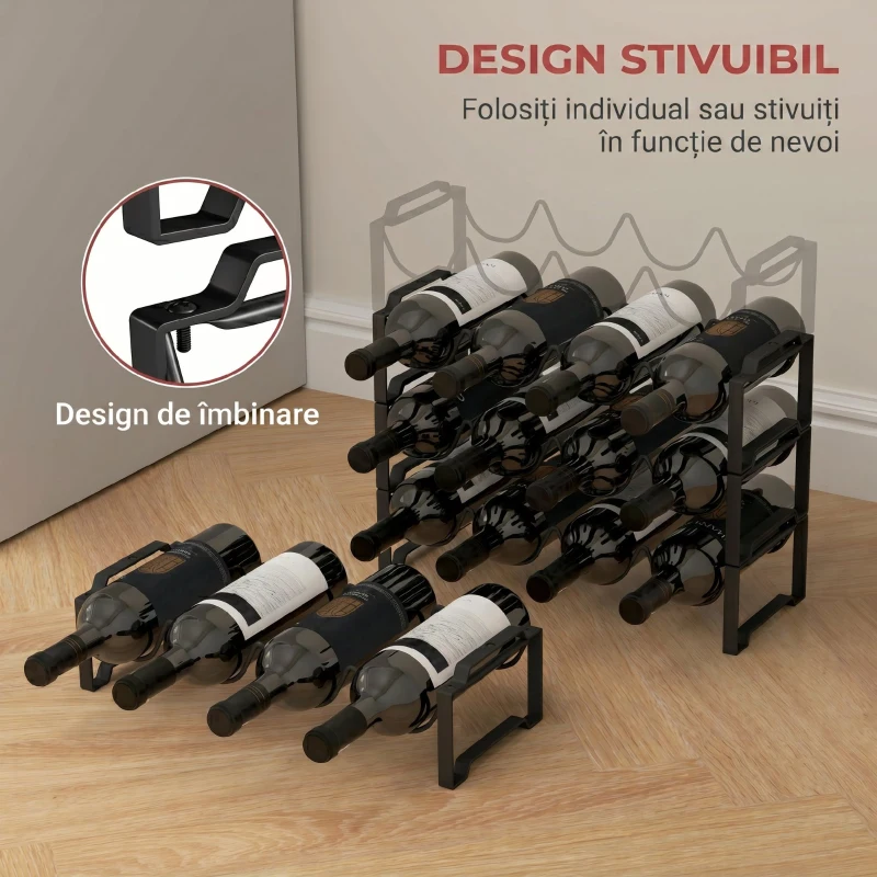 HOMCOM Suport pentru Sticle cu 4 Nivele Ondulate Stivabile pentru 16 Sticle, din Metal, 42,5x16,5x41 cm, Negru