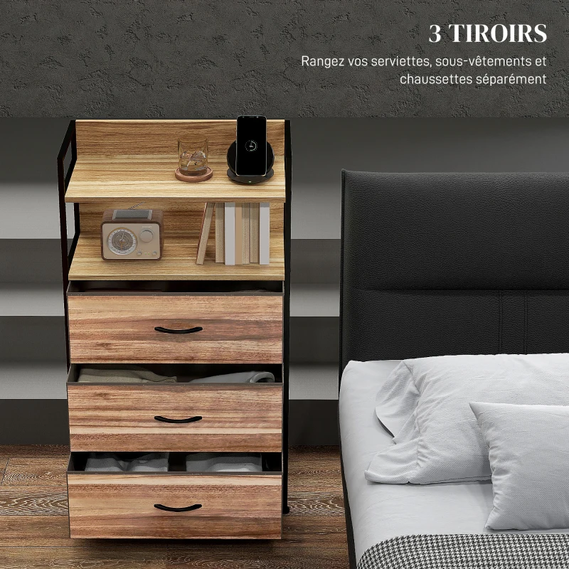 HOMCOM Meuble de rangement style industriel commode 3 tiroirs en tissu amovibles et 2 étagères - 60 x 29 x 101cm - MDF et métal(m-4)