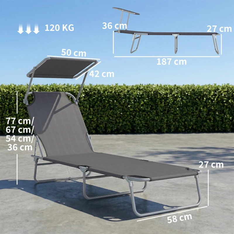 Outsunny Transat Bain de Soleil Pliable Chaise Longue Pliante Grand Confort Dossier Inclinable Multi-positions et Pare-Soleil réglable Dim. 187L x 58l x 36H cm Gris