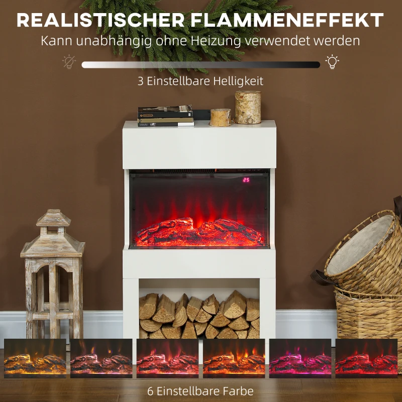 HOMCOM Elektrischer Kamin, 2 Heizstufen, 6 Flammenfarben, Thermostat, Fernbedienung, Weiß