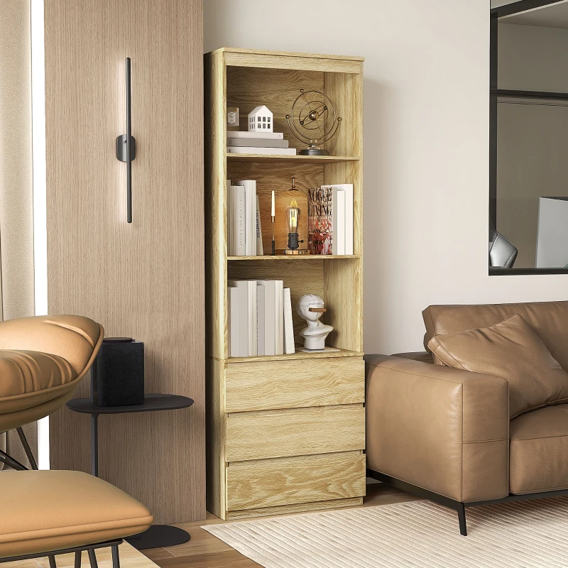 HOMCOM Bibliothèque haute de 180 cm avec 3 étagères et 3 tiroirs dim. 60L x 35l x 180H cm Panneaux Particules effet bois