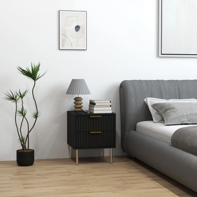 HOMCOM Table de chevet, table de nuit cannelée avec 2 tiroirs et pieds en acier, pour chambre à coucher, salon, noir