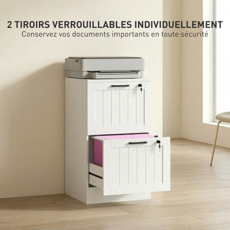 HOMCOM Caisson bureau, meuble rangement bois 2 tiroirs et serrure, barres de suspension réglables, 40 x 40 x 71 cm, blanc