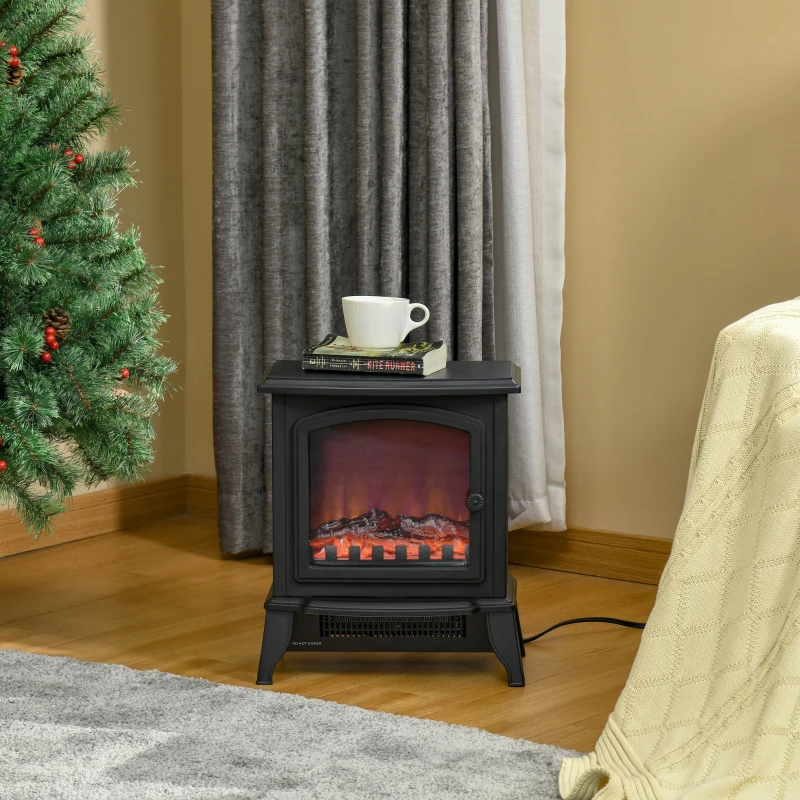 Șemineu Electric Portabil HOMCOM 1000W/2000W cu Efect de Flacără, din ABS și Sticlă Temperată, 36,5x24x45,5 cm, Negru