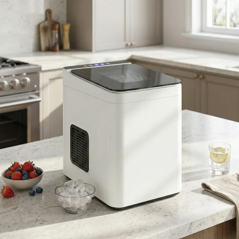 HOMCOM Zelfreinigende tafel-ijsblokjesmachine, compacte ijsbereider met schep en mand, wit