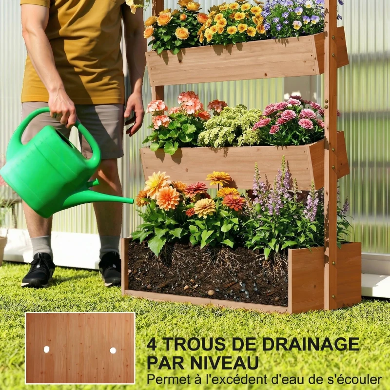 Outsunny Jardinière Surélevée en Bois avec 4 Étages, avec Trous de Drainage et Doublure en Tissu, 85x45x140cm, Marron