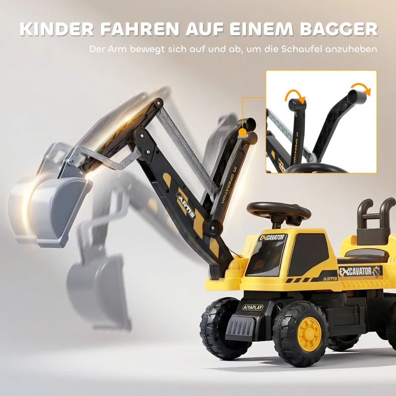 AIYAPLAY Sitzbagger Aufsitzbagger mit Schaufel Lenkrad drehbar Aufbau verstellbar Rückenlehne für Kinder 1,5-3 Jahre Gelb