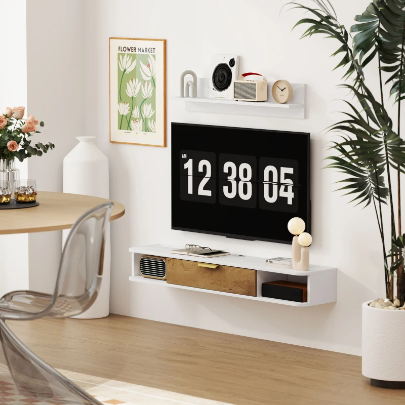 HOMCOM Ensemble meuble TV suspendu avec étagère murale meuble télé bois mural passe-câbles 120 x 24 x 16 cm blanc