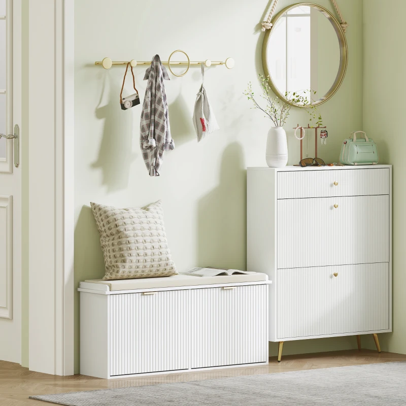 HOMCOM Banc à chaussures avec coussin d'assise rembourré et tiroir rabattable pour couloir, chambre, 104 x 26 x 47,5 cm, blanc