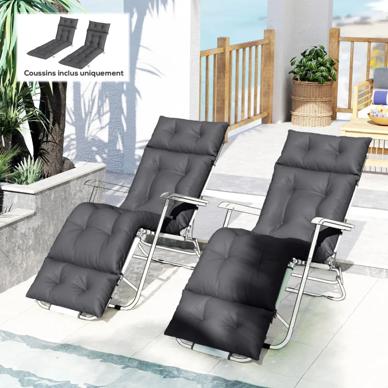 Outsunny Lot de 2 coussins de chaise longue coussin bain de soleil épais, confortable - 6 attaches, 190 x 56 x 10 cm, gris foncé