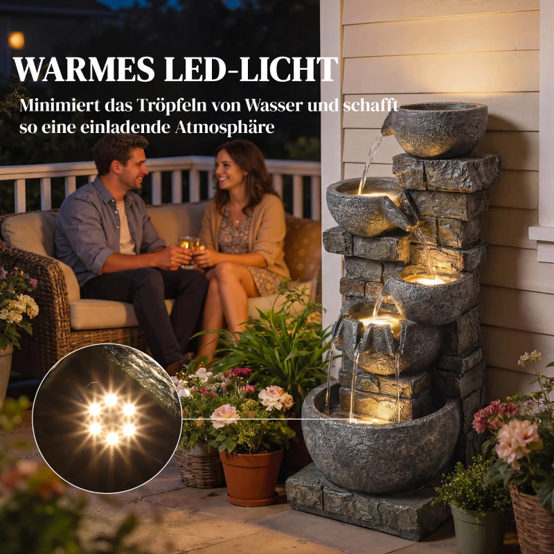 Outsunny Springbrunnen Outdoor aus Kunstharz fünfstöckig Gartenbrunnen mit LED Beleuchtung Pumpe Steinoptik 34 x 36 x 80 cm