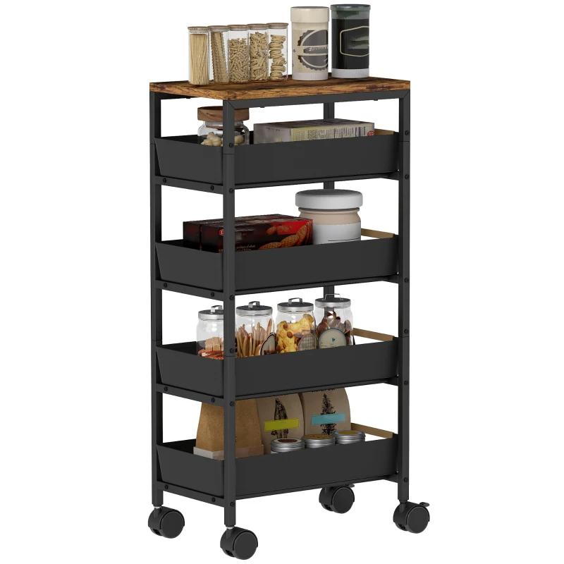 HOMCOM Desserte cuisine, chariot de rangement à roulettes 5 niveaux avec 4 tiroirs coulissants, étagère de rangement, noir