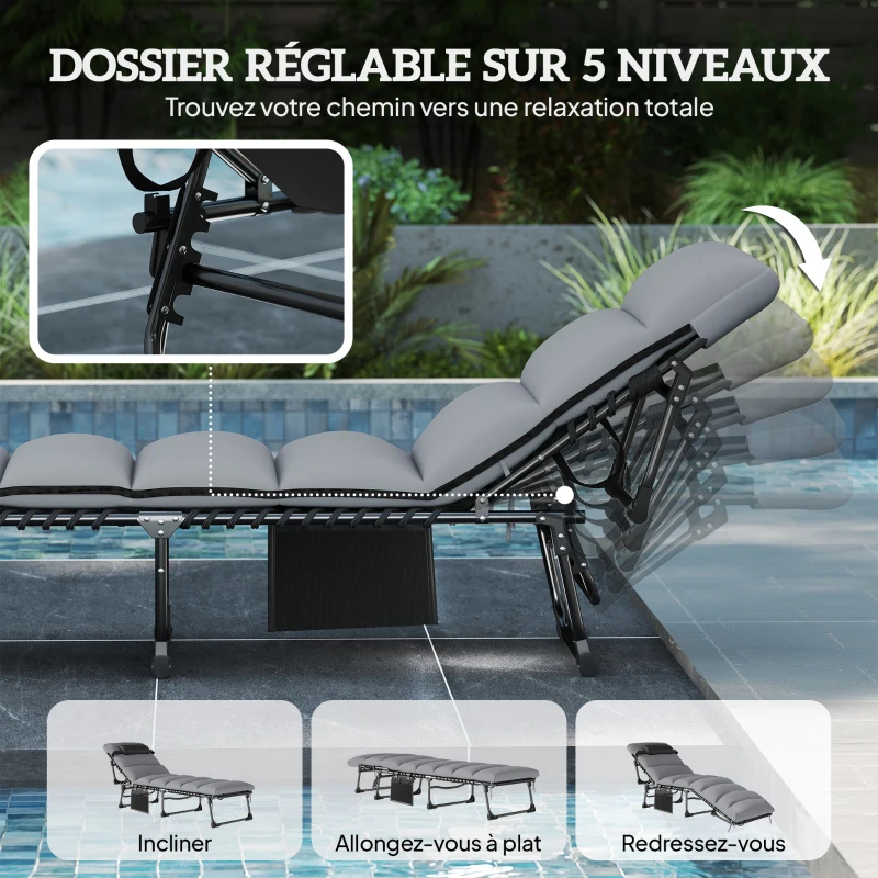 Outsunny Lot de 2 Bain de Soleil Chaise Longue Jardin avec Matelas 9cm Pliable Dossier Réglable 5 Positions Appui-tête 200cm Gris