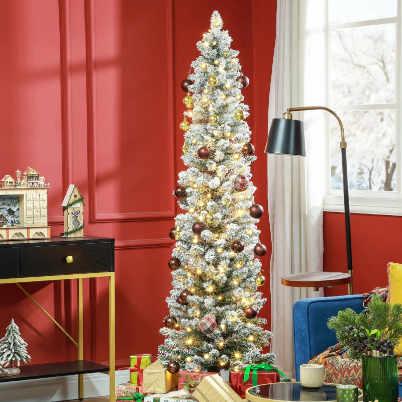 HOMCOM Sapin de Noël artificiel 180 cm avec éclairage LED blanc chaud, 329 branches enneigées, base en métal, réaliste et fin