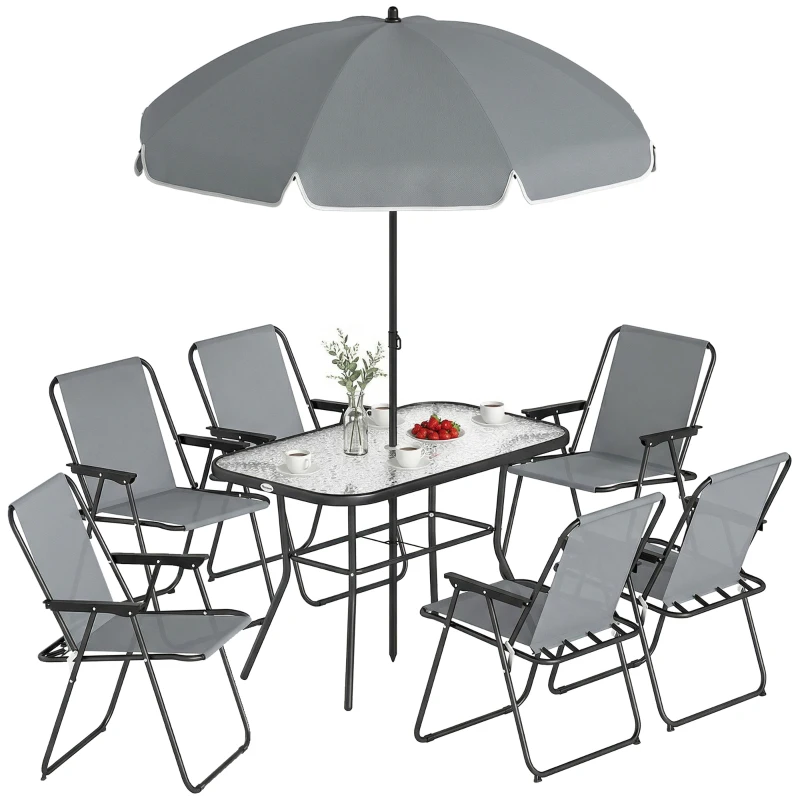 Outsunny Salon de jardin extérieur 8 pièces, table de jardin extérieure 6 chaises Pliantes parasol plateau en Verre Trempé, Gris