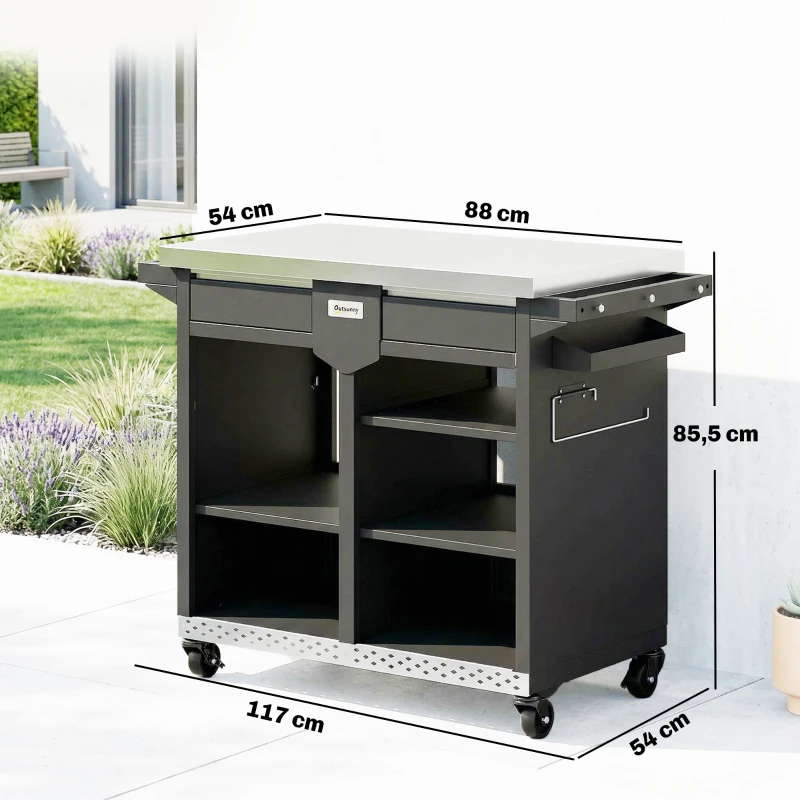Outsunny Grillwagen 5-Etagen Grilltisch mit Edelstahl Arbeitsfläche verstellbar Regale Schublade Rollen Gewürzhalter Müllständer