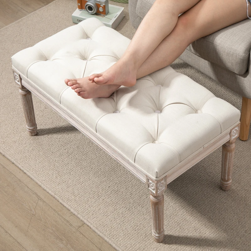 HOMCOM Gepolsterter Sitzhocker, Polsterbank, Fußhocker, Holz und Stoffbezug in Leinenoptik, 80L x 40B x 43H cm, Cremeweiß