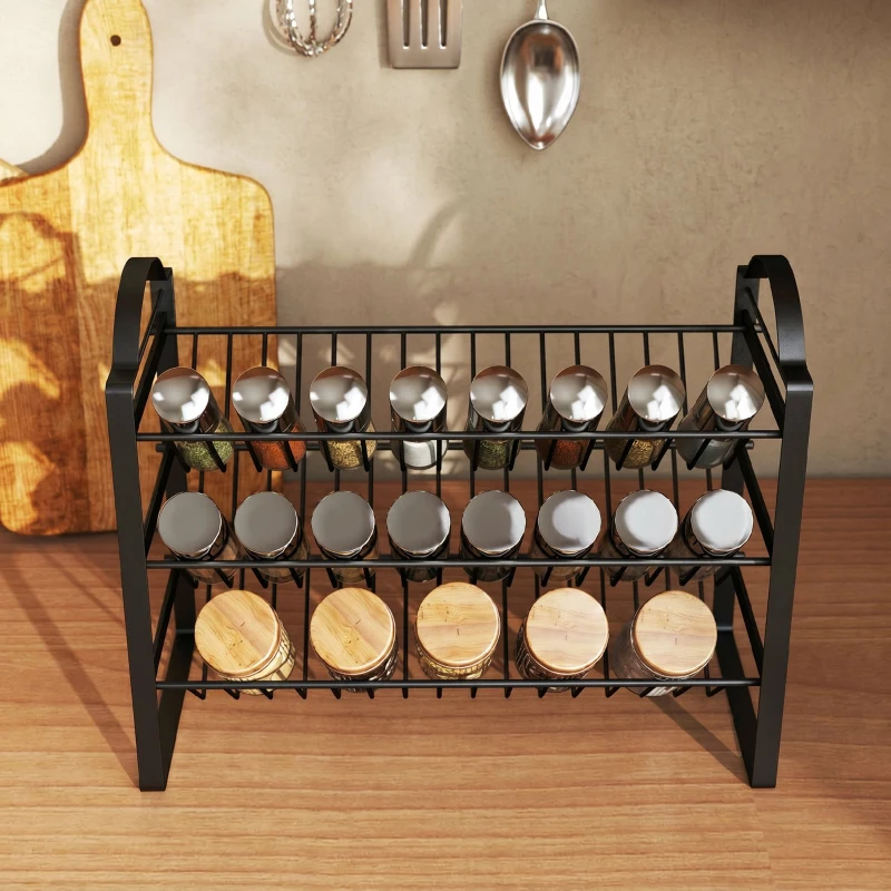 HOMCOM Suport pentru condimente de bucătărie cu 3 niveluri, organizator economisitor de spațiu cu rafturi înclinate din metal, negru