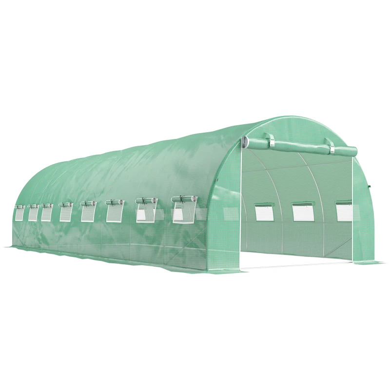 Outsunny Serre de jardin tunnel 24m² 8L x 3l x 2H m - 16 fenêtres, Porte zippée enroulable acier galvanisé, bâche PE, Vert