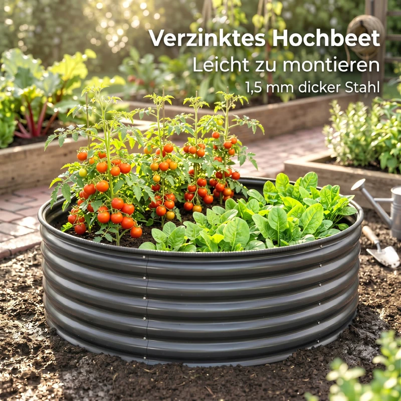 Outsunny Hochbeet, Verzinkter Pflanzkübel mit Sicherheitsrand, Pflanzbox mit offenem Boden, 120 x 120 x 43 cm, Dunkelgrau