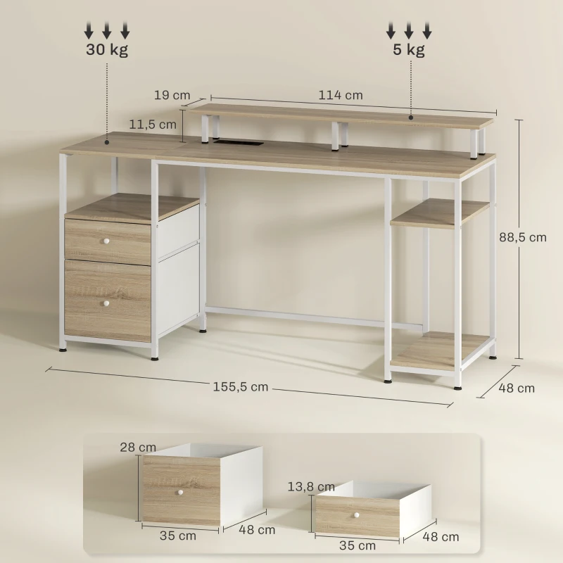 HOMCOM Bureau d'ordinateur bureau lumières LED réglables 2 prises ports USB tiroirs étagères 155,5x48x88,5cm effet bois naturel