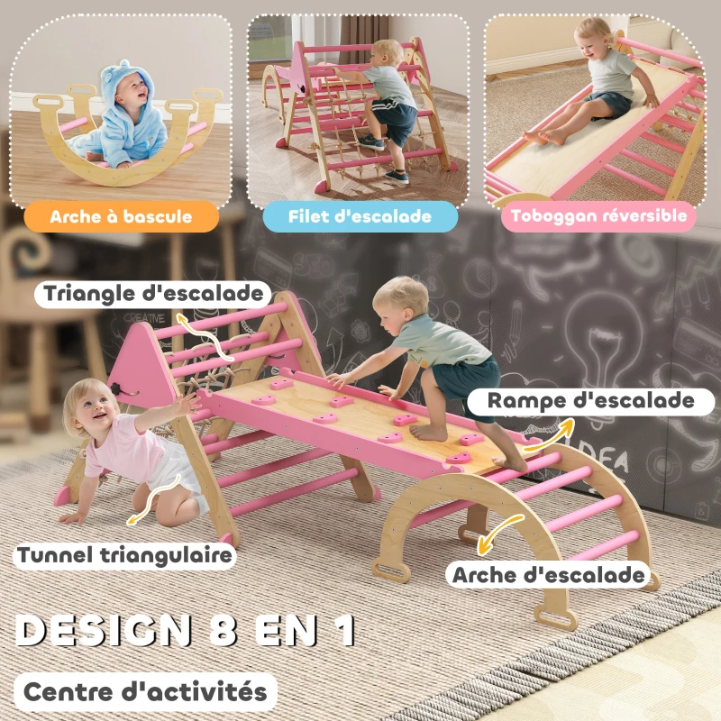AIYAPLAY Triangle d'escalade enfants 8 en 1 avec rampe double face, arc d'escalade en bois avec toboggan & échelle, rose