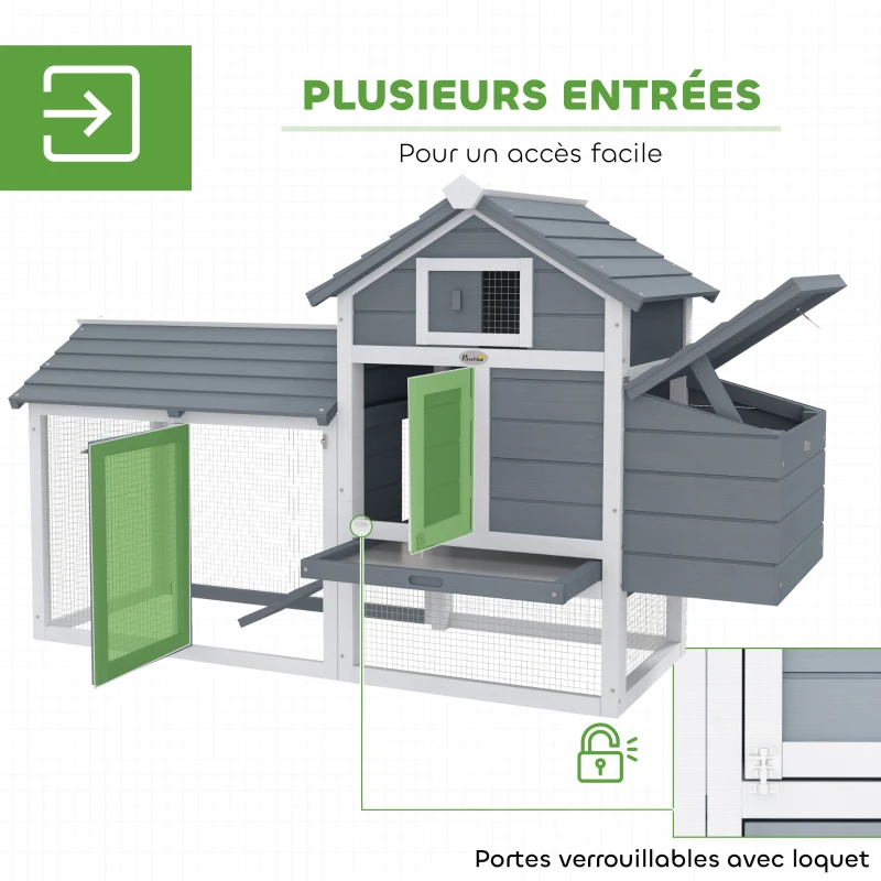 PawHut Petit poulailler cottage cage à poules sur pied dim. 150,5L x 54l x 87H cm multi-équipement bois massif de sapin