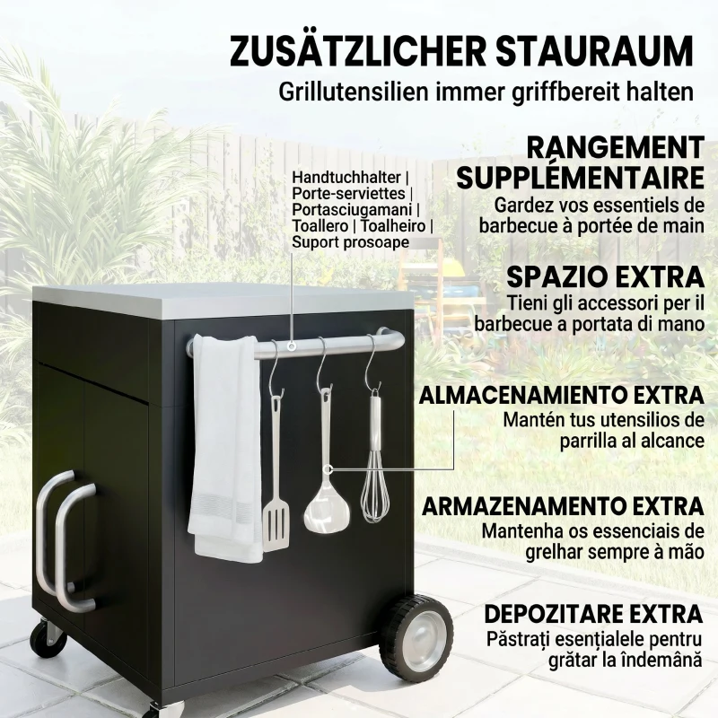 HOMCOM Cărucior de Bucătărie din Oțel Inoxidabil cu Dulap Contenitor și 6 Cârlige, 86x50x86,5 cm, Negru