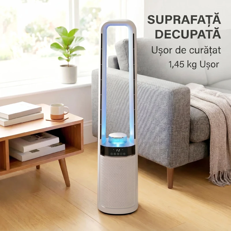 HOMCOM Ventilator de Podea Fără Pale pentru Dormitor, Silențios 36dB, cu Oscilație la 45°, Lumini LED, 3 Viteze, Temporizator 12H, Telecomandă, 94 cm, Alb