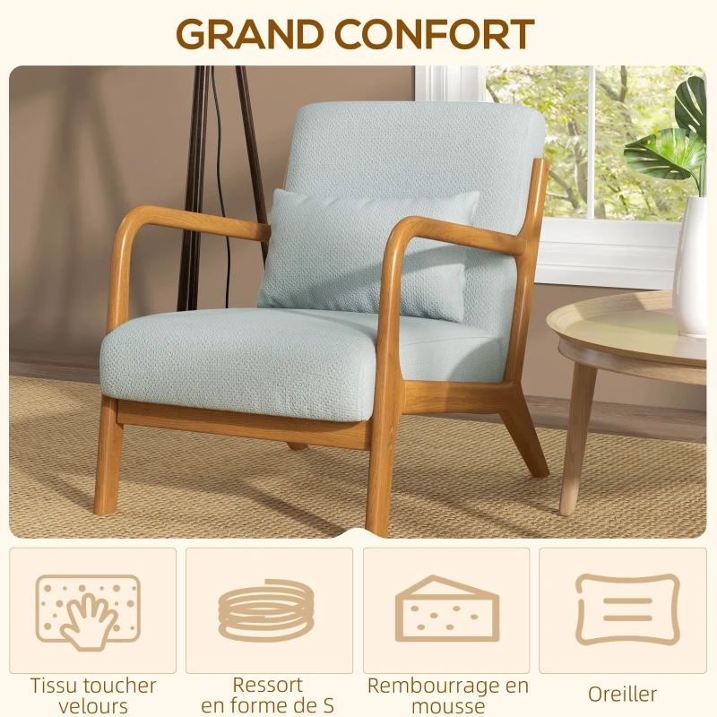 HOMCOM Fauteuil de salon avec cadre en bois massif fauteuil lounge - assise profonde - accoudoirs - lin synthétique gris clair