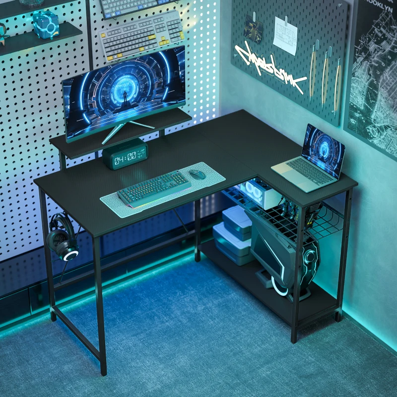 HOMCOM Bureau gaming réversible, bureau gaming d'angle, support pour écran, étagère en maille réglable, 114,5x82x91,5cm, noir