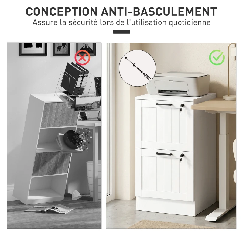 HOMCOM Caisson bureau, meuble rangement bois 2 tiroirs et serrure, barres de suspension réglables, 40 x 40 x 71 cm, blanc