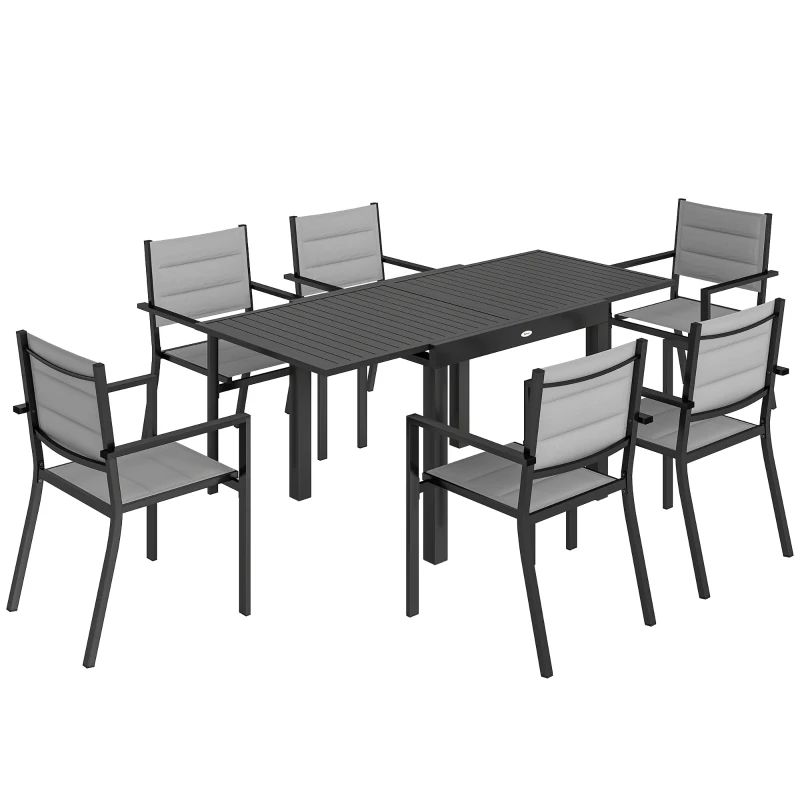 Outsunny Salon de Jardin 7 Pièces Table Extensible Aluminium 6 Chaises Empilables Textilène Rembourré 90/180 x 80 x 75 cm Gris