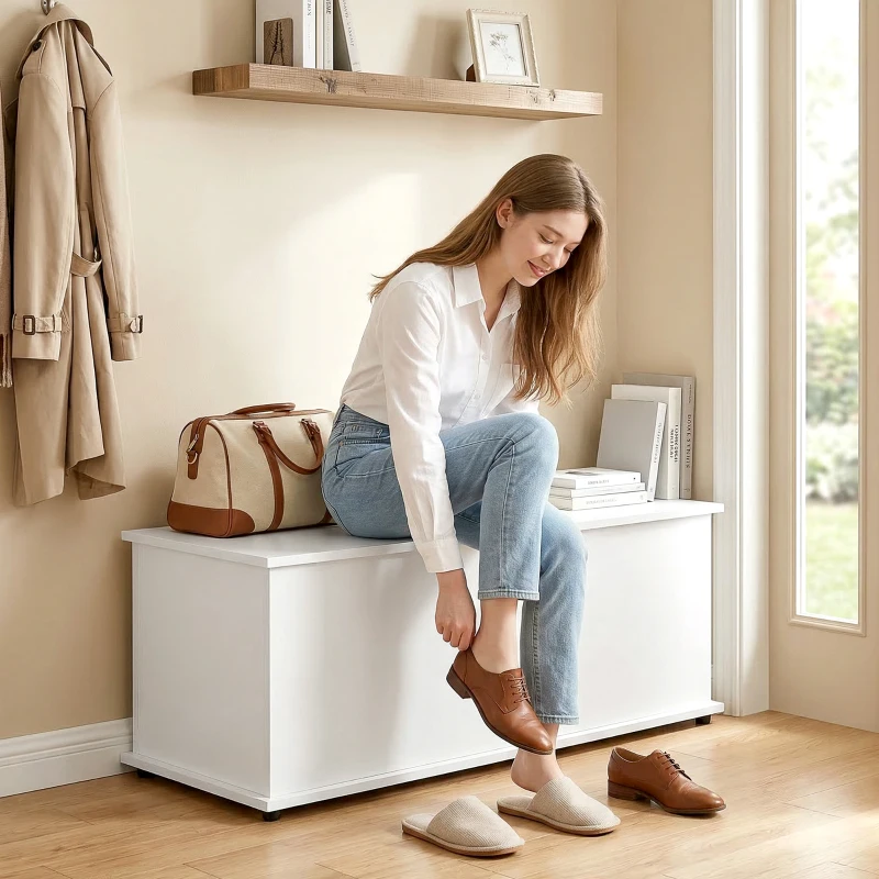HOMCOM Coffre de rangement, banc de rangement avec couvercle rabattable et charnières de sécurité, banc chaussures, meuble d'entrée, couloir, chambre, salon, 100 x 40 x 40 cm, blanc