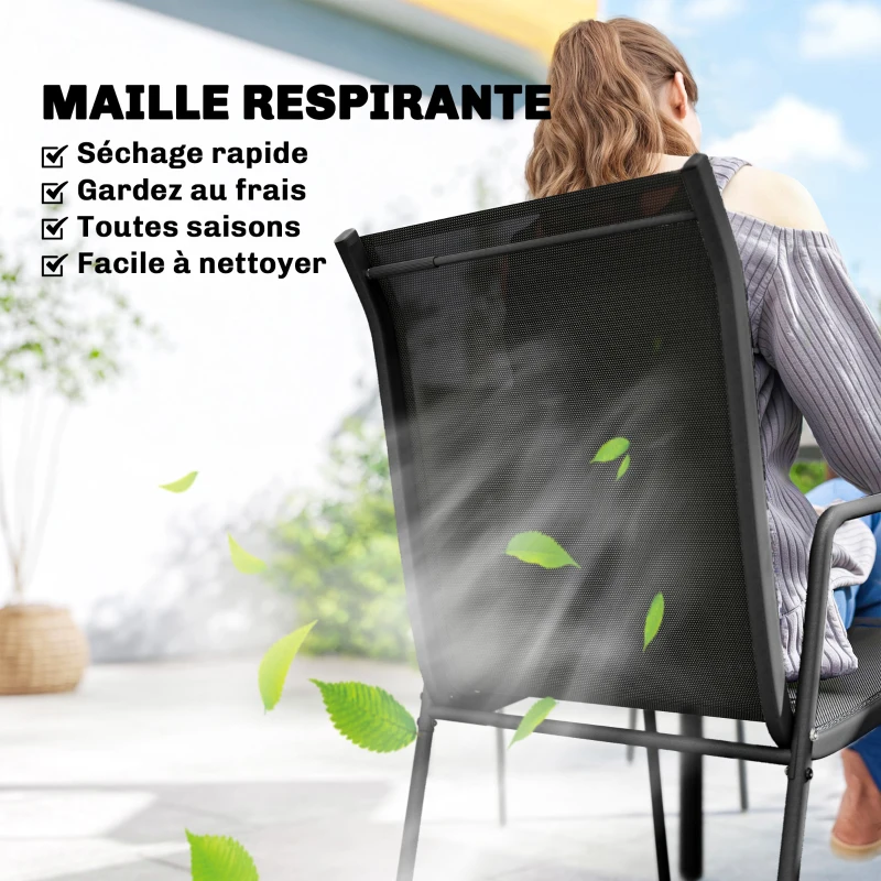 Outsunny Salon de Jardin 6 Personnes Ensemble Table et Chaises Jardin avec Chaises Empilables en Textilène 70x51x87cm Noir