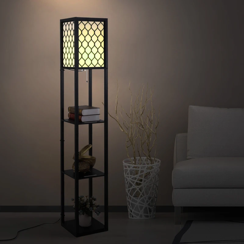 HOMCOM Lampadaire étagère Lampe étagère 26L x 26l x 160H cm 4 Niveaux MDF Noir Motif nid d'abeille