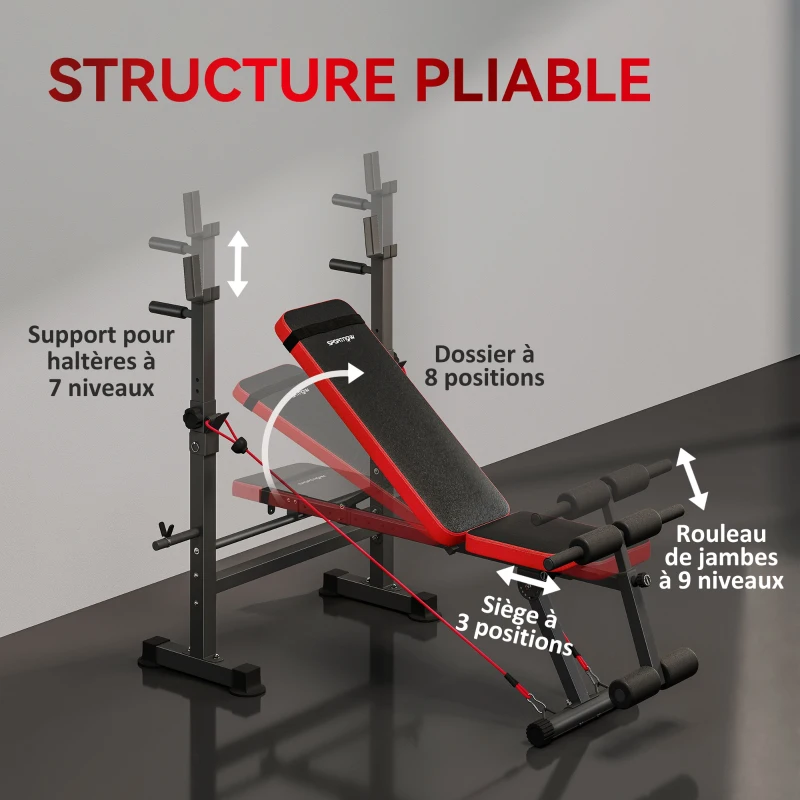 SPORTNOW Banc de musculation complet multifonction avec dossier réglable, repose-jambes et support de poids 147x109x122cm noir