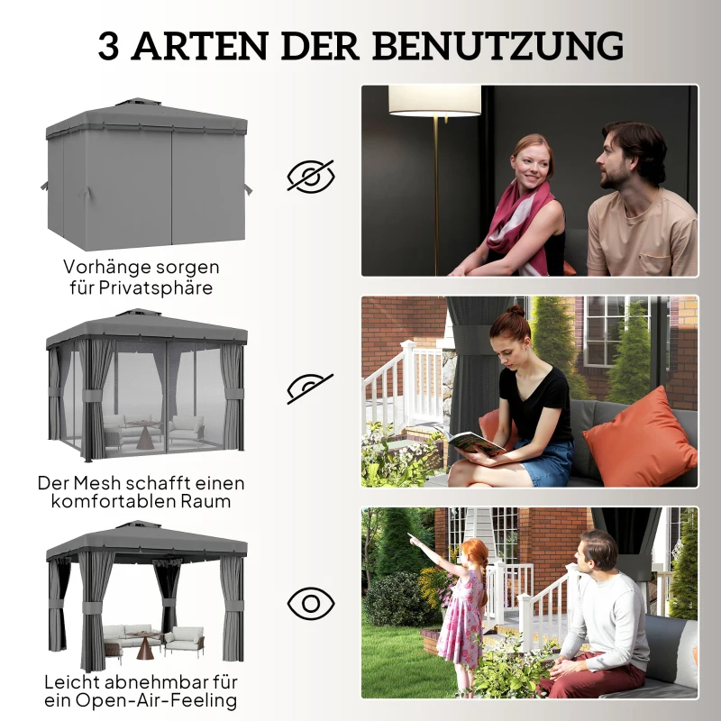 Outsunny avillon ca. 3x3m Wasserabweisend Stabil Winterfest Gartenpavillon mit Doppeldach Reißverschluss-Moskitonetze