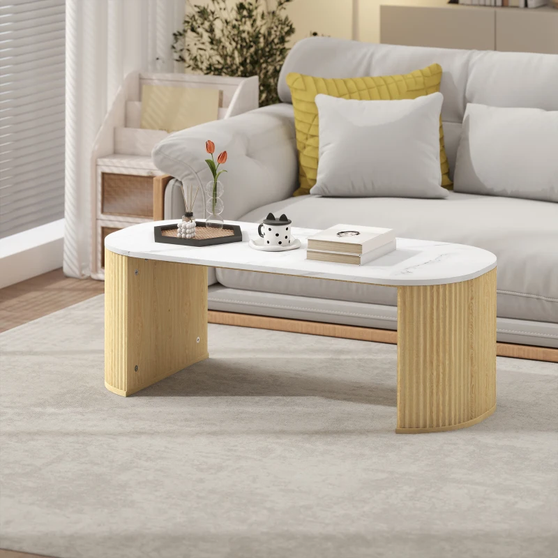 HOMCOM Table basse ovale, table d'appoint aspect effet marbre, coins arrondis pieds épais, 110 x 50 x 40 cm, blanc