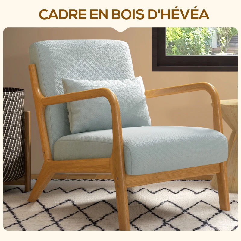 HOMCOM Fauteuil de salon avec cadre en bois massif fauteuil lounge - assise profonde - accoudoirs - lin synthétique gris clair