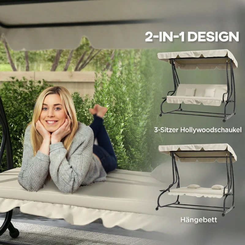 Outsunny 2-in-1 Hollywoodschaukel mit Liegefunktion, verstellbares Dach, bis 340 kg, Stahl, 200x120x164 cm, Cremeweiß(m-4)