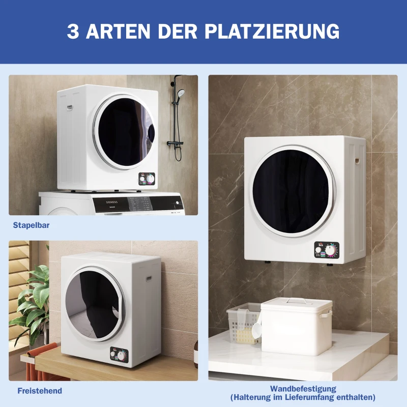 HOMCOM Mini Wäschetrockner 4 kg mit 4 Programme, 2 Heizstufen, Sterilisation bis zu 65℃ 850W für Kleidung